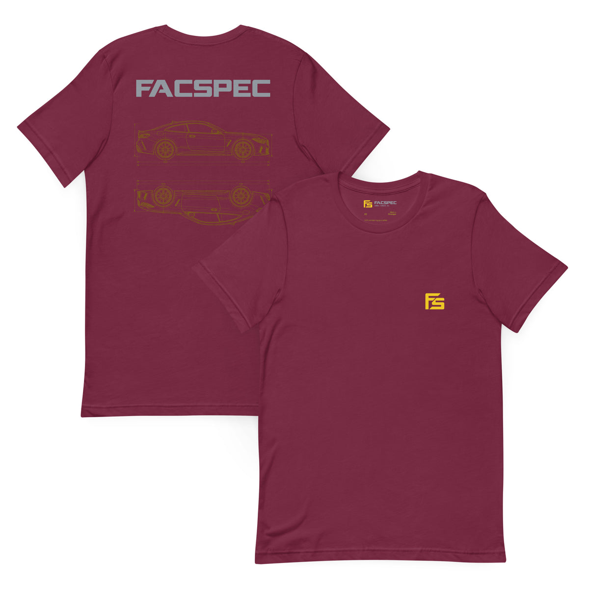 FacSpec Coupe Study Graphic T-Shirt, maroon front and back view