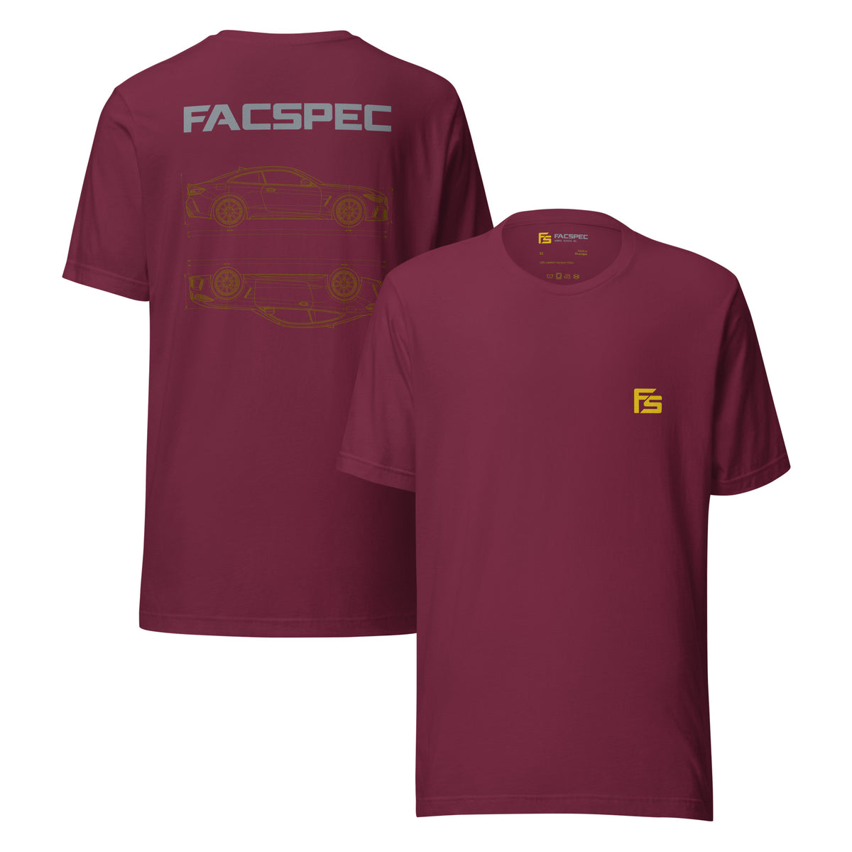 FacSpec Coupe Study Graphic T-Shirt, maroon front and back view