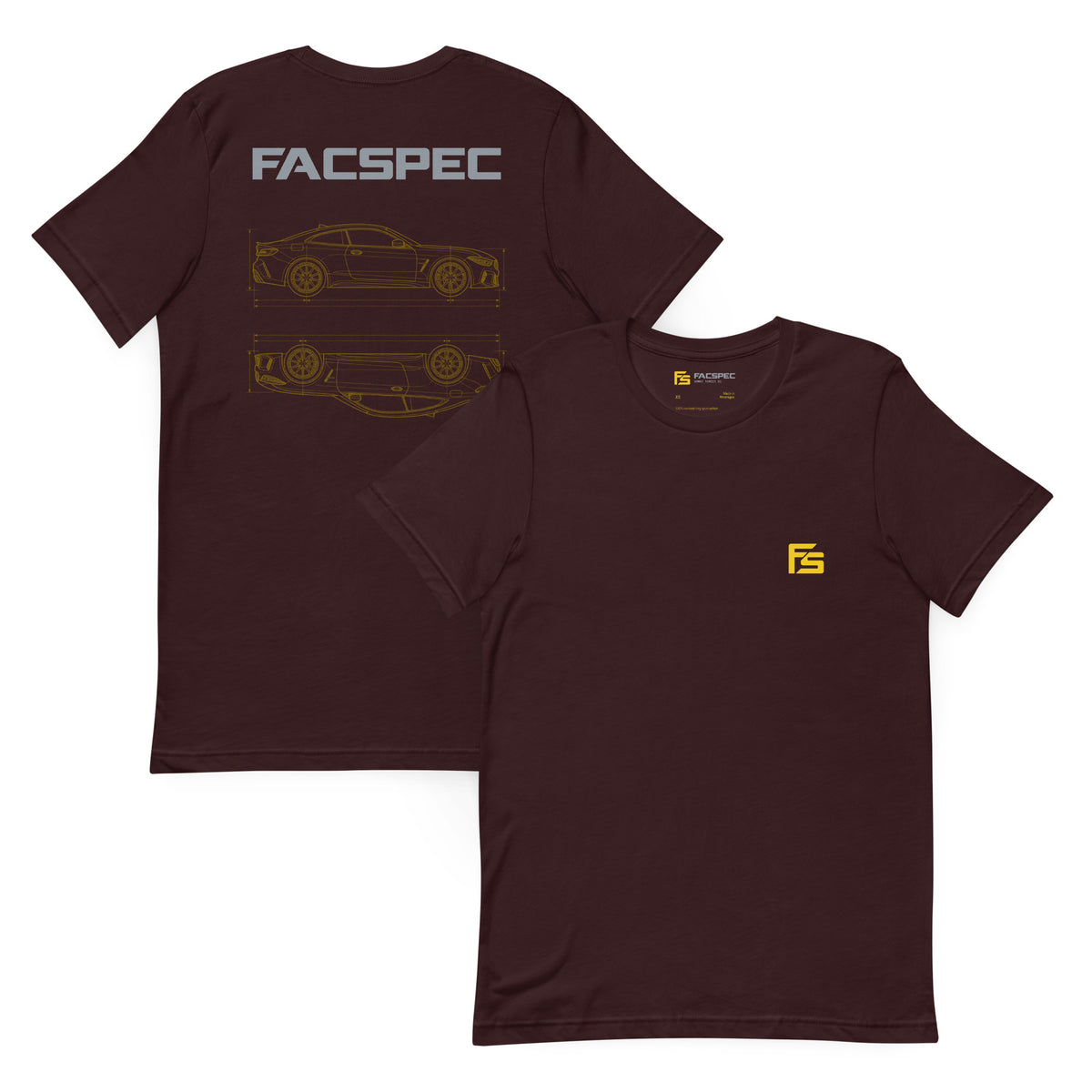 FacSpec Coupe Study Graphic T-Shirt, oxblood black front and back view